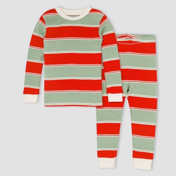 Burt's Bees Baby® Toddler Rugby Striped Organic Cotton Tight Fit Pajama Set - Red/Green | Target