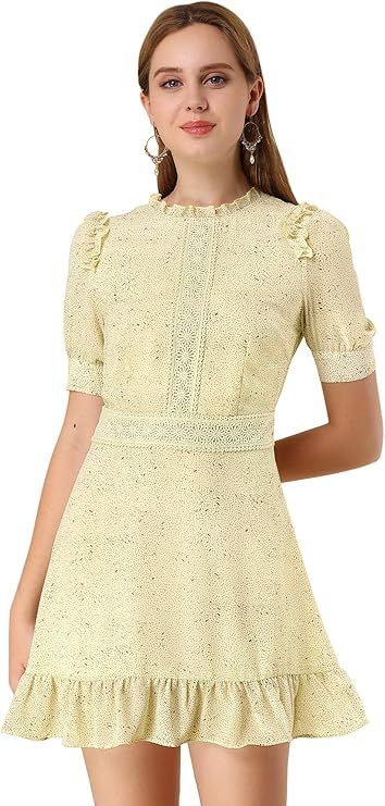 Allegra K Women's Dots Fit and Flare Ruffle Hem Floral Lace Inset Mini Dress | Amazon (US)