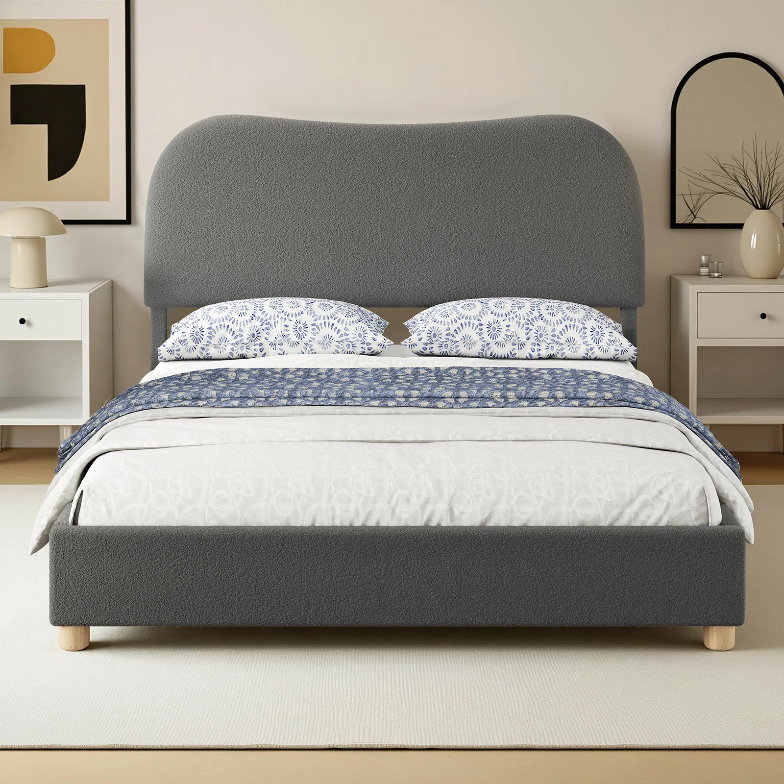Upholstered Boucle Platform Bed with Curved Shaped Headboard & Soft Rounded Corners | Wayfair North America