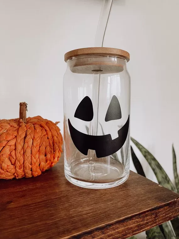 Ghost Glass Cup | Halloween Glass Can | Ghost Iced Coffee Glass | 16 oz  Beer Can Glass with Bamboo Lid