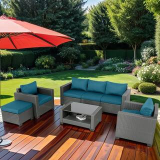 Cesicia 7-Piece Black Wicker Outdoor Sofa Loveseat Patio Conversation Seating Set with Peacock Bl... | The Home Depot