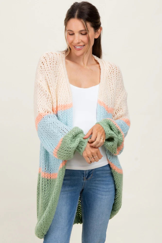 Blue Colorblock Open Knit Maternity Cardigan | PinkBlush Maternity