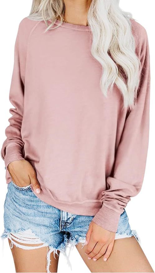 Bakoliza Womens Crewneck Sweatshirts Soft Cotton Long Sleeve Solid Color Hoodies Loose Fit Pullov... | Amazon (US)