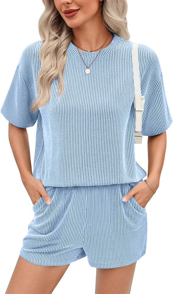 Ekouaer Short Sets for Women 2 Piece Outfits Summer Loose Lounge Set Ribbed Textured Knit Short S... | Amazon (US)