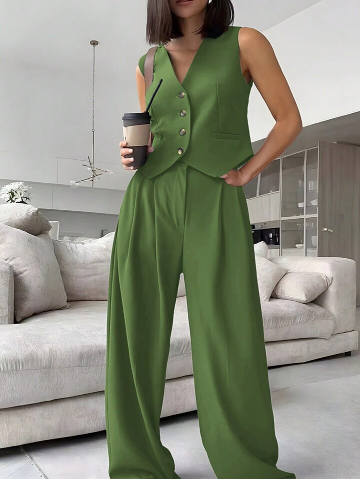 SHEIN Privé Plus Size Summer Casual Solid Color Blazer, Vest And Wide Leg Pants Set | SHEIN USA | SHEIN