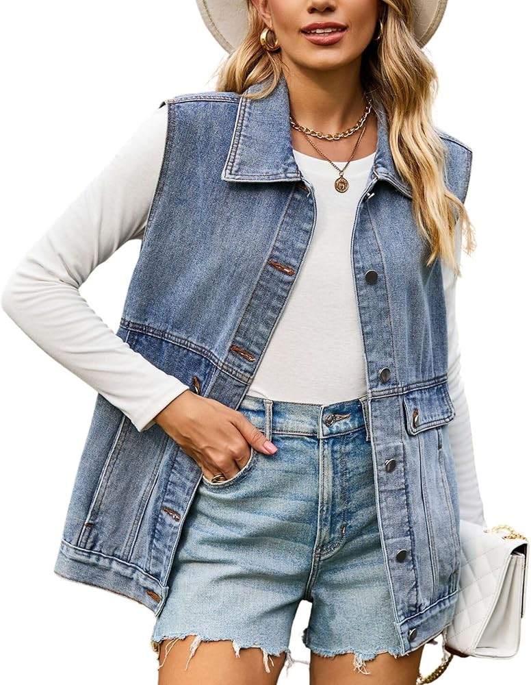 FindThy Women’s Vintage Denim Jean Vest Oversized Button Down Jean Waistcoat Gilet | Amazon (US)