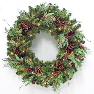 Home Accents Holiday 36 in. Prelit Woodmoore Artificial Christmas Wreath CHZH3811602TH6 - The Hom... | The Home Depot