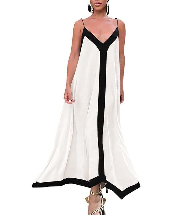Fisoew Women's Summer Spaghetti Strap Maxi Dress Sexy Sleeveless V Neck Beach Flowy Swing Holiday... | Amazon (US)