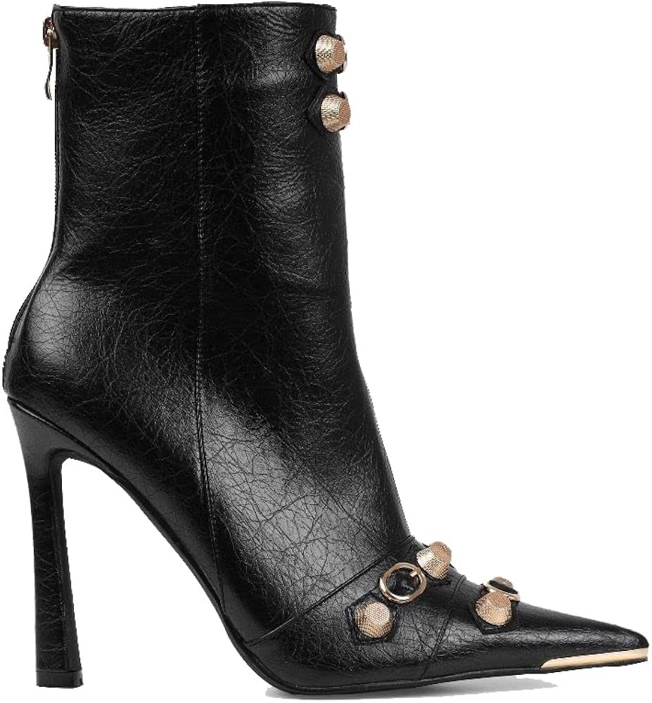 THESHY Women's Pointed Toe Stiletto Ankle Boots Metal Rivets Leather High Heel Bootie Back Zipper... | Amazon (US)