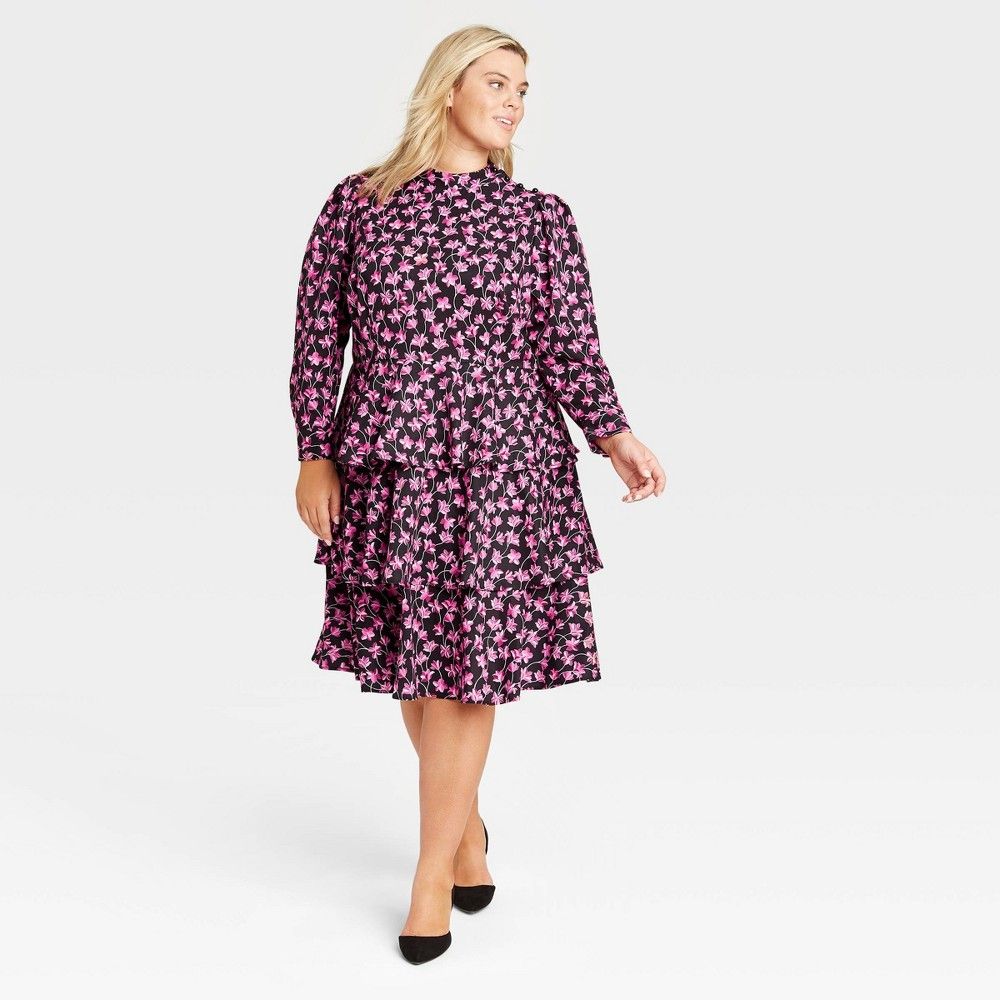 Women's Plus Size Floral Print Puff Long Sleeve Tiered Dress - Who What Wear™ | Target