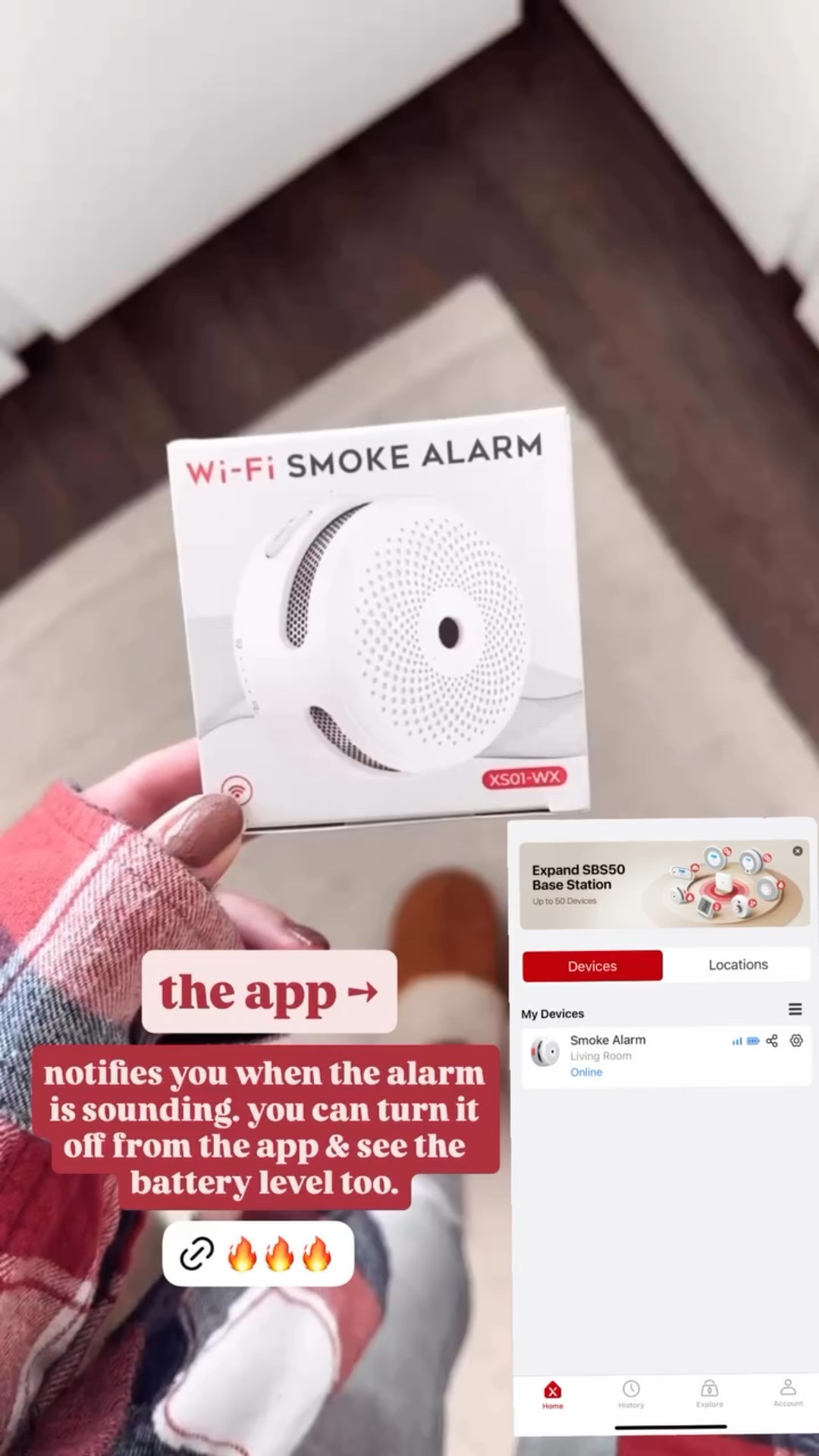 notifies you when the alarm is sounding. you can turn it off from the app & see the battery level too. the app —>