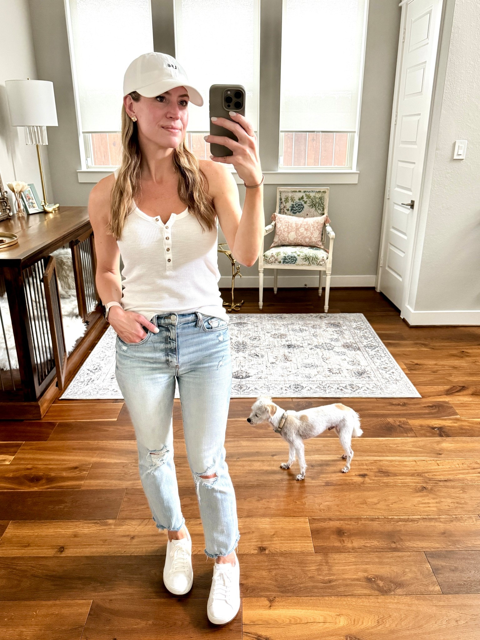 Casual Outfit

#everypiecefits

Denim 
High waisted jeans 
Comfortable outfit 
White tank 
Summer outfit 
White tennis shoes 
Slip on shoes 
Baseball cap 

#LTKSaleAlert #LTKOver40 #LTKFindsUnder50