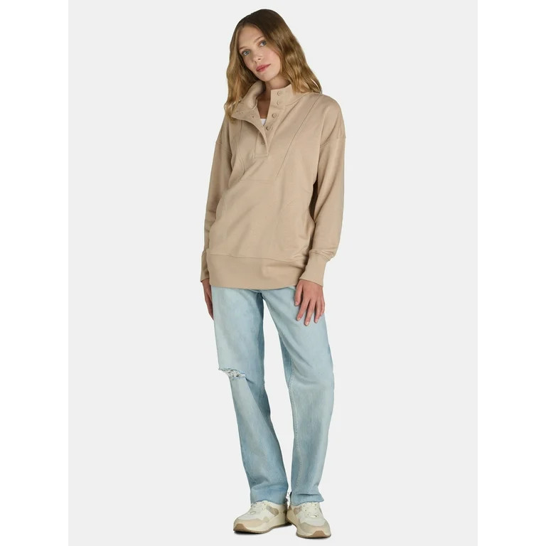 Time and Tru Women's Mock Neck Sweatshirt with Button Placket, Sizes XS-XXXL | Walmart (US)