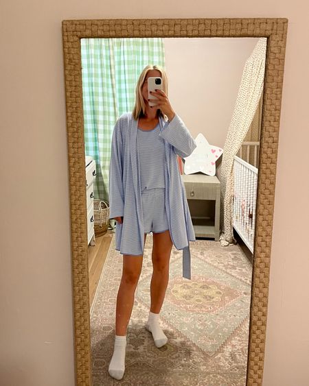 Something about the matching set is making me feel like I’m a real adult who has my life together 😅 

The softest, most comfortable pjs! 

Size UP in these, especially if you plan to put them in the dryer. 

My robe is the “short” version two sizes up but it’s no longer available in this color  