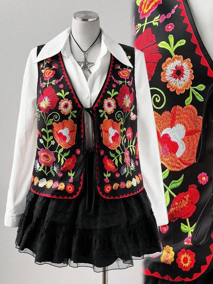 Flirla Plus Size Women Casual Embroidered Front Tie Vest Jacket | SHEIN