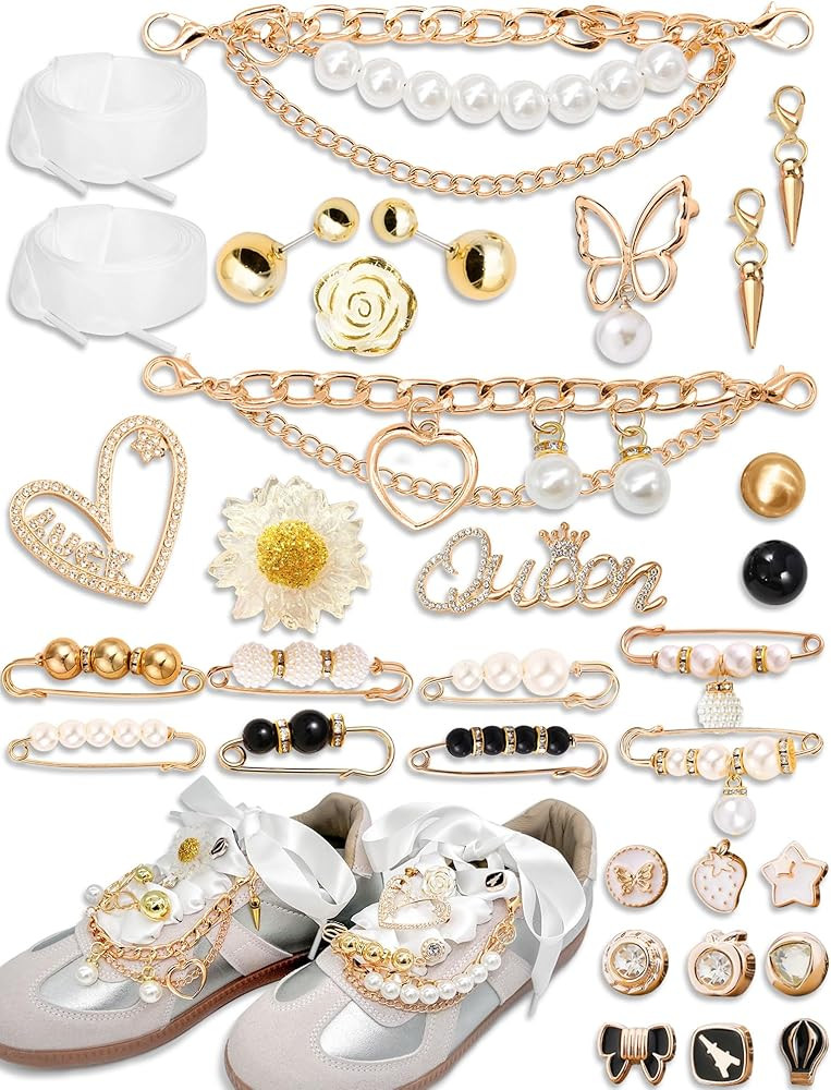 Shoe Charms for Sneakers, Sneaker Charms Set Include Ribbon Shoe Laces/Bows/Clips/Pins, Stylish S... | Amazon (US)