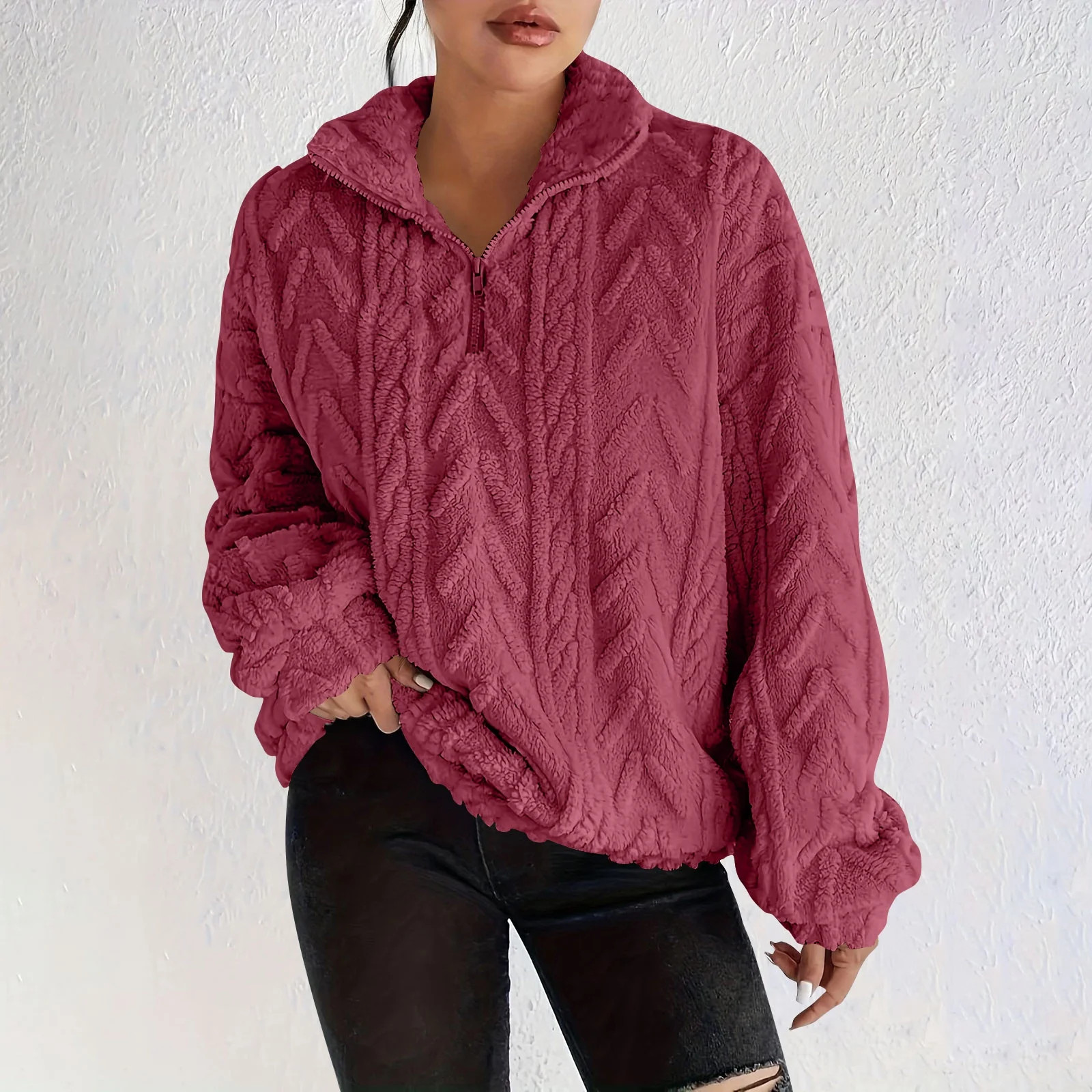 Ounisa Womens Cable Knit Half Zip Sweater V Neck Collared Fall Trendy Oversized Long Sleeve Solid... | Walmart (US)