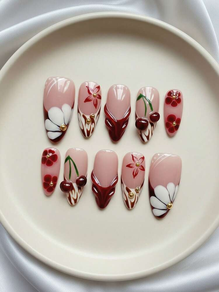 10pcs Medium Almond-Shaped Handmade Press-On Nail Strips, Nude Red Ombre Zebra Print French Manicure Nail Stickers With Hand-Painted Floral And Cherry Patterns, 3D Water Drop And Golden Bead 3D Decorations, Reusable Nail Art Set (Includes Nail Glue And Nail File) - Plus Adorable Christmas Nail Stickers Press On Nails | | SHEIN