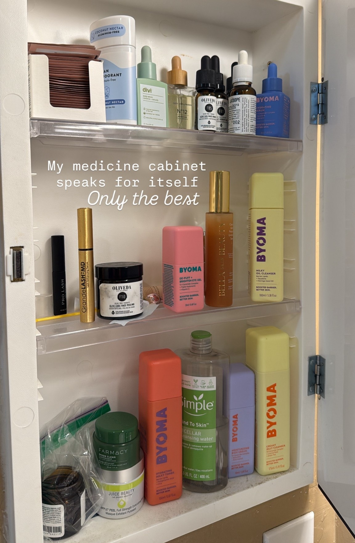 My medicine cabinet favorites ✨ 
Byoma- affordable skin care on the cleaner side, my skin loves this
Medicube- the best AHA exfoliant pads ever
Simple- micellar cleansing water that is clean and works so well
Bella Skin Beauty- arm pit toner that removes bad bo from bacteria it’s honest to goodness a life changing product for me
Grande Lash- the serum I’ve used for years and makes my lashes long and thick
Curie- the best clean DO
Divi- a scalp serum that works, smells so good, and is light so my hair doesn’t get greasy 
Lux Unfiltered- tanning drops that I add to my moisturizer to get a bronze face
Oliveda- high end organic skin care that has products to address specific skin needs, linked on my IG not available on LTK

#LTKFindsUnder100 #LTKBeauty