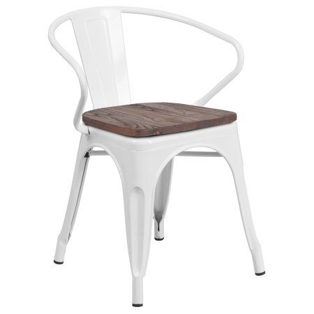Flash Furniture White Metal Chair with Wood Seat and Arms | Walmart (US)