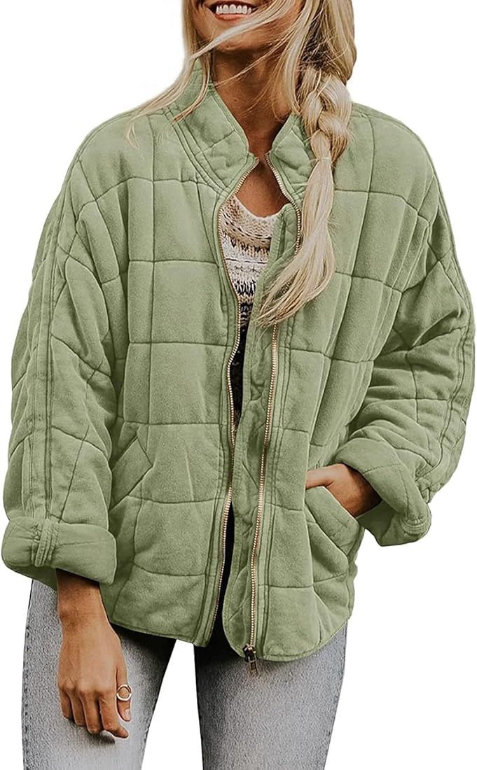 ROJZR Womens Dolman Quilted Jackets Lightweight Full Zip Long Sleeve Winter Warm Outerwear Coats ... | Amazon (US)
