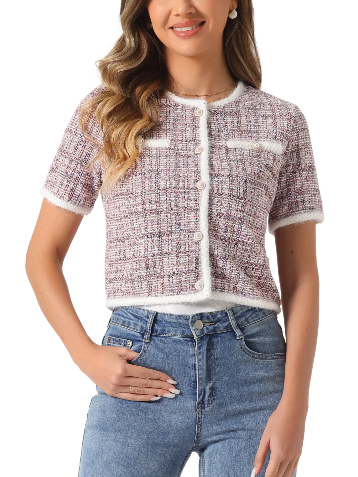 INSPIRE CHIC Short Sleeve Tweed Jacket for Women's Collarless Crew Neck Button Front Top Cropped ... | Walmart (US)