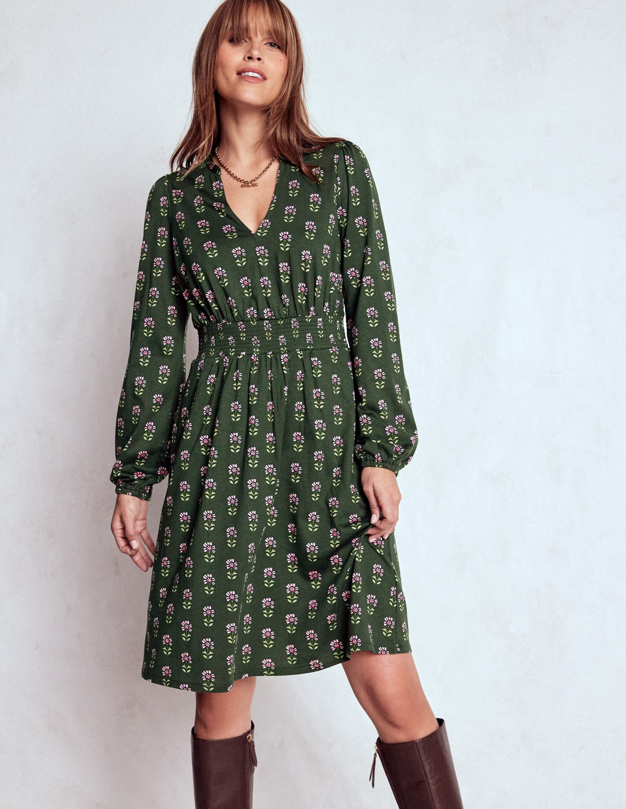 Sarah Short Jersey Dress-Winter Moss, Woodblock Floral | Boden (US)
