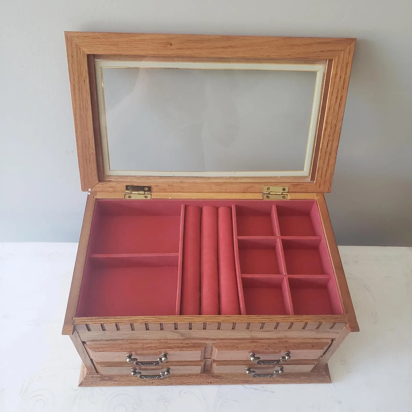 Vintage Wooden Jewelry Box Chest - Glass Floral Etched Lid - Pink Lined Interior (1989) - Etsy | Etsy (US)