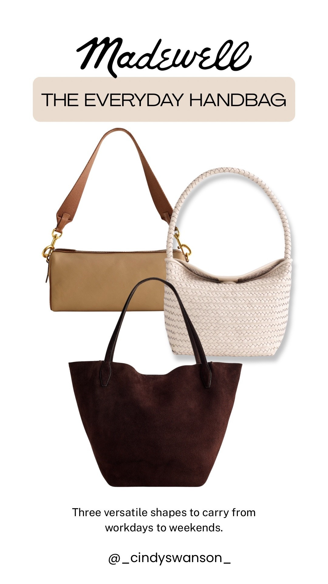 I’m always drawn to a great everyday handbag, and these three shapes each bring something a little different to a classic wardrobe. From the easy crossbody to the woven shoulder bag and roomy tote, these are versatile options that can carry you from workdays to weekends.

And a good time to shop them: Madewell’s Insiders Event is currently offering 25% off everything for Insiders, plus an extra 40% off sale items.

#LTKgrwm #LTKOver40 #LTKSaleAlert