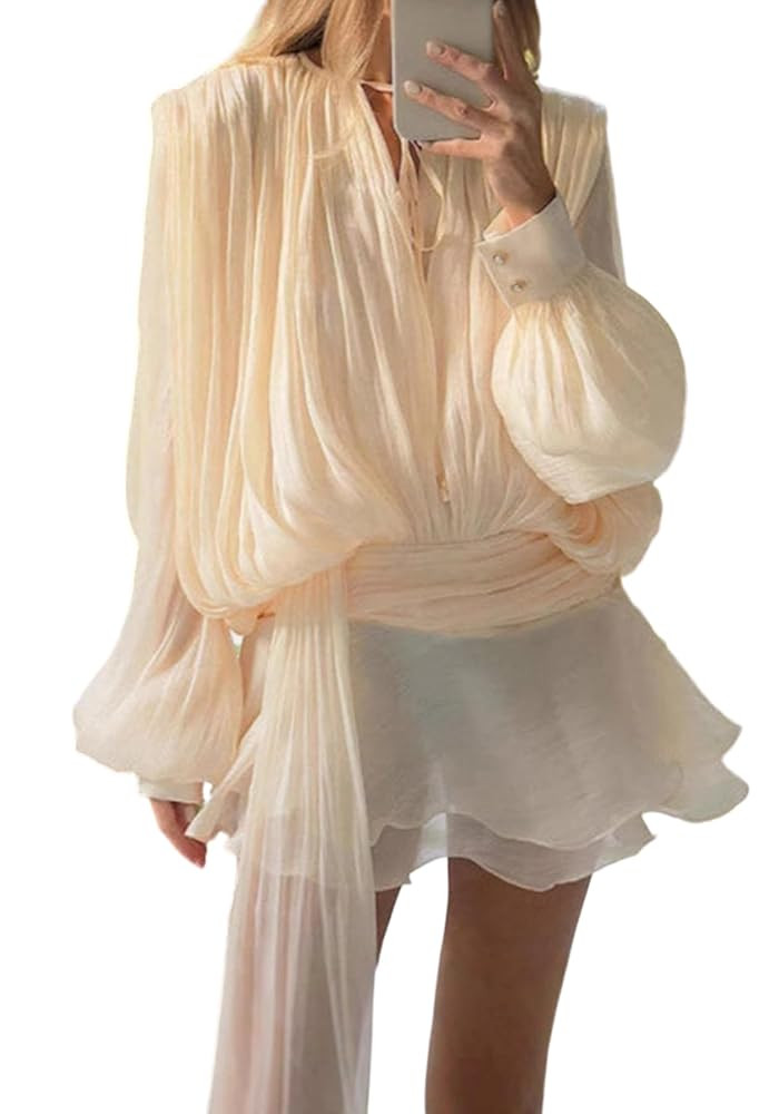 Unybwonn Elegant Ruffle Mini Dress Pleated Long Sleeve Lace up Short Dress Tie Waist Cocktail Min... | Amazon (US)