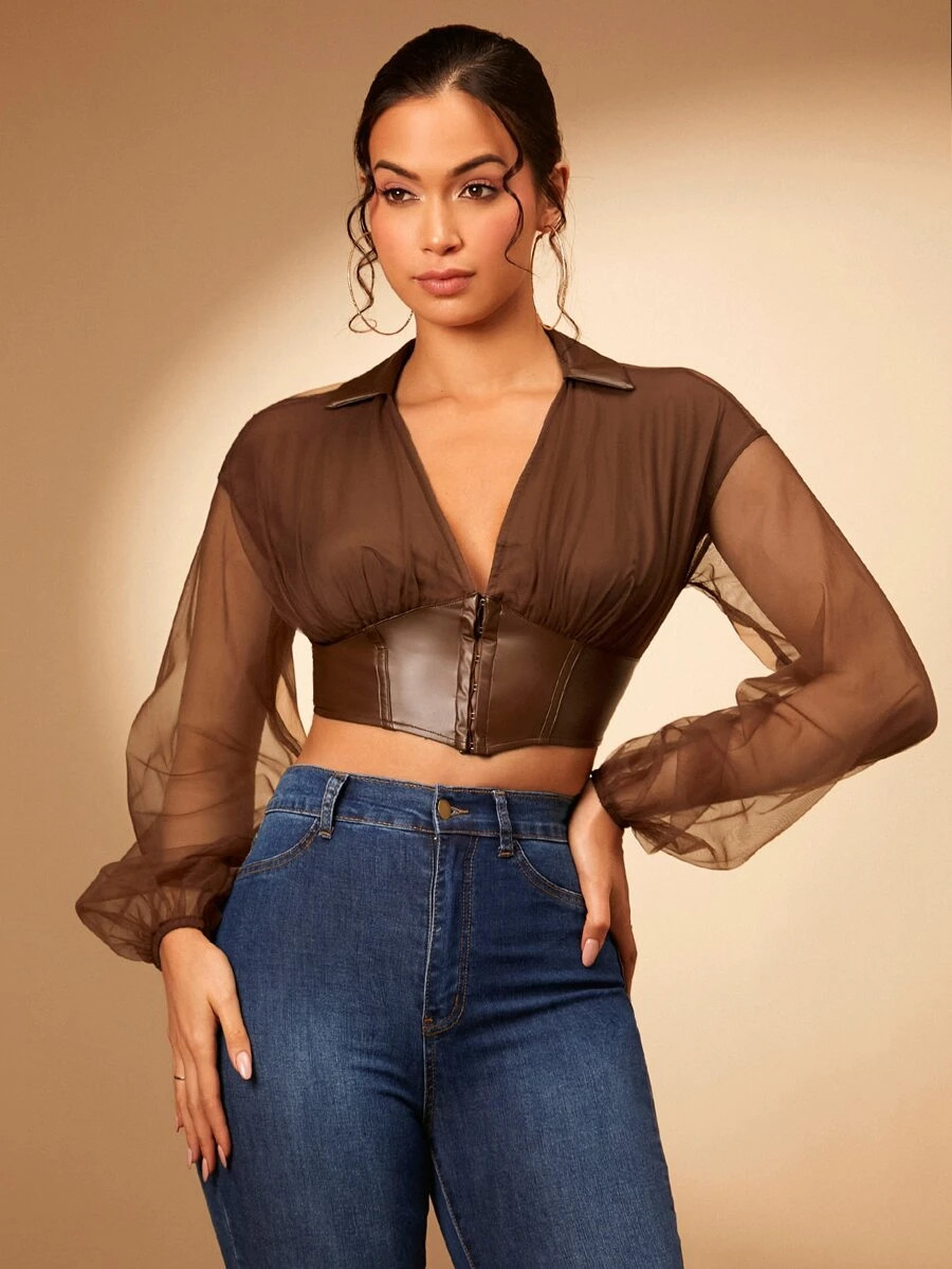 SHEIN BAE Hook And Eye Lantern Sleeve Crop Blouse | SHEIN