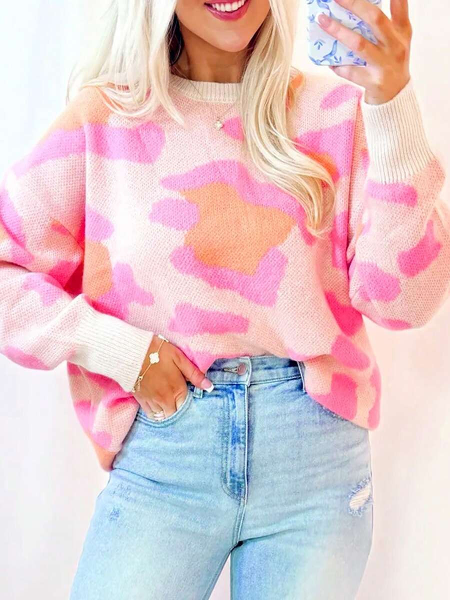 Acelitt Winter Women's Multi-Color Abstract Leopard Print Casual Style Loose Fit Knit Ribbed Roun... | SHEIN