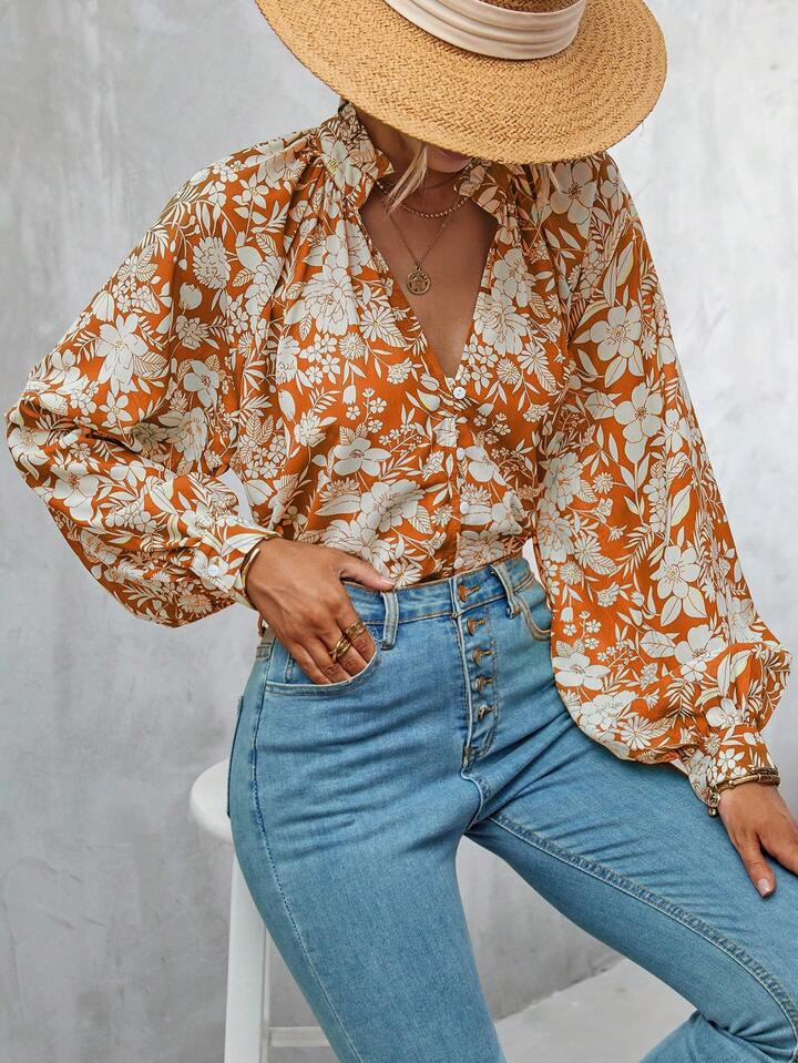 SHEIN LUNE Floral Print Lantern Sleeve Button Front Blouse | SHEIN