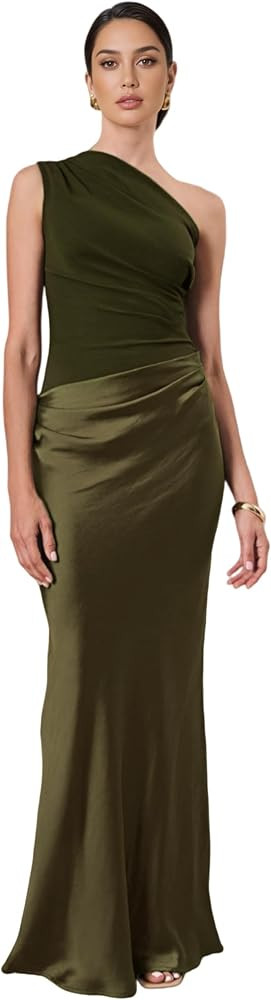 RARITYUS Women\u2019s Elegant One Shoulder Maxi Dress Satin Ruched Bodycon Wedding Guest Dress Fl... | Amazon (US)