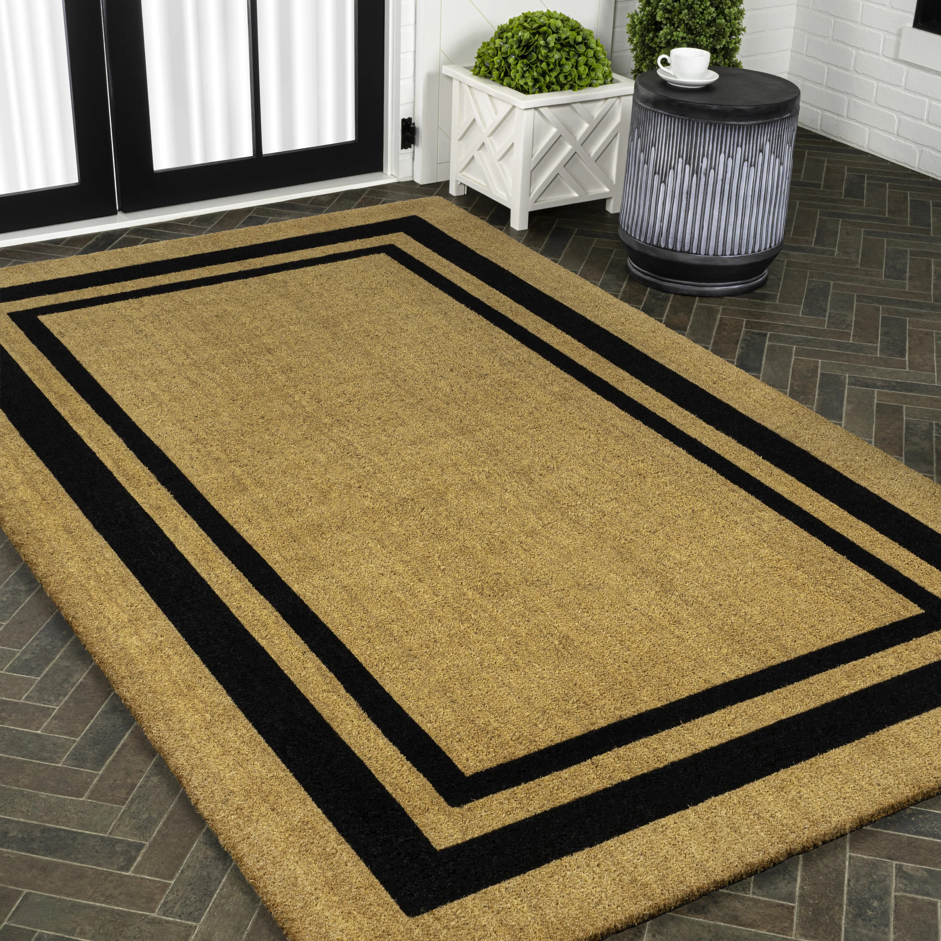 Blaire Modern Classic Double Border Natural/Black Indoor/Outdoor Doormat | Wayfair North America