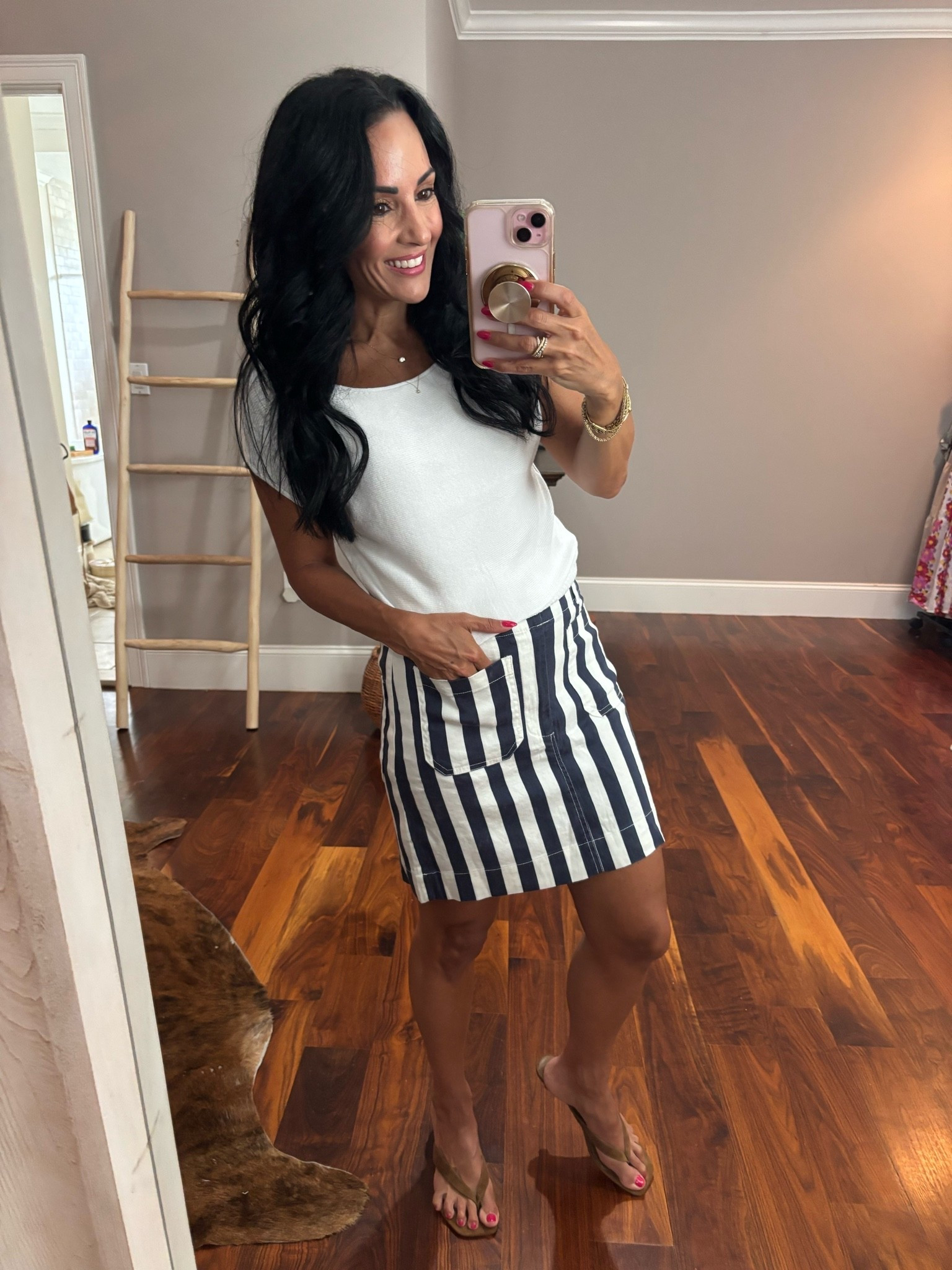 Blue and white skirt 
White top

#LTKootd #LTKSeasonal #LTKOver40