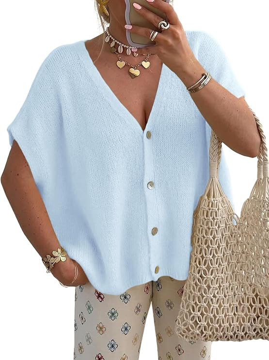 NEWHER Womens Batwing Short Sleeve Cardigans Sweaters Tops Spring Summer 2026 Oversized V Neck Bu... | Amazon (US)