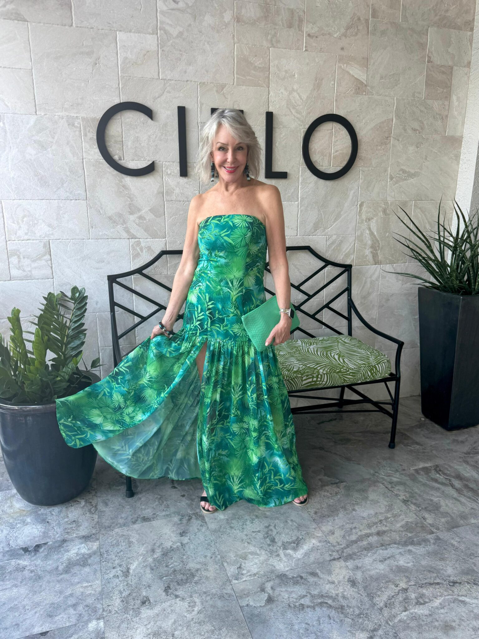  This dress is soooo good. True to size. 

Palm Leaves print, Strapless, pleated, backless, low cut, maxi, slightly slit, elegant, classic, corset, wear for garden party, graduation and more party, these features can fully show your own temperament and charm, which is a perfect choice. Great for a destination wedding. 
I am wearing the small and I am 5’7” 132 #’s 
Add classic studs or spice it up for resort dressing with some statement beaded earrings. 
 

#LTKOver40 #LTKTravel #LTKWedding