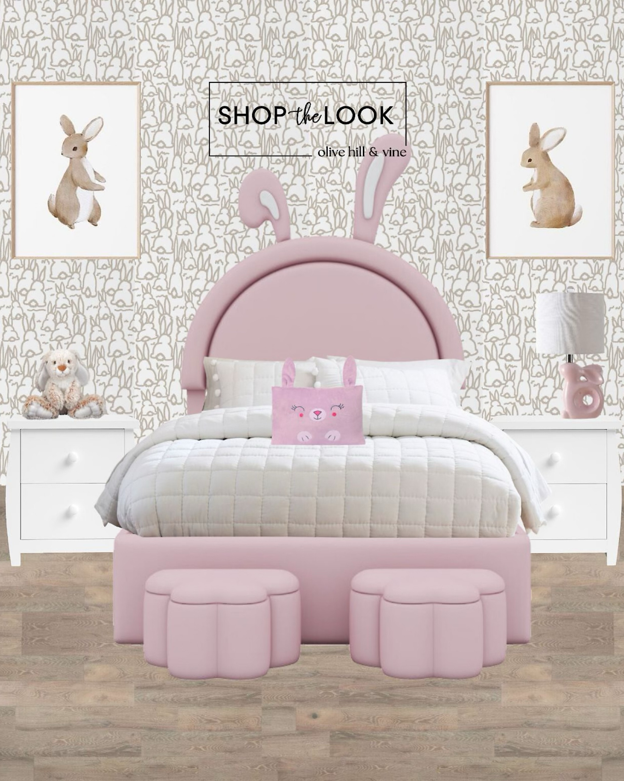 Hop into the cutest kid's bedroom ever! This bunny-themed haven stars a pink rabbit-shaped upholstered bed, matching storage stools, and a floppy bunny pillowcase from Saint Eve Kids. Adorned with bunny prints, plushies, and wallpaper, it’s every bunny lover’s dream! 

#LTKKids #LTKHome #LTKFamily
