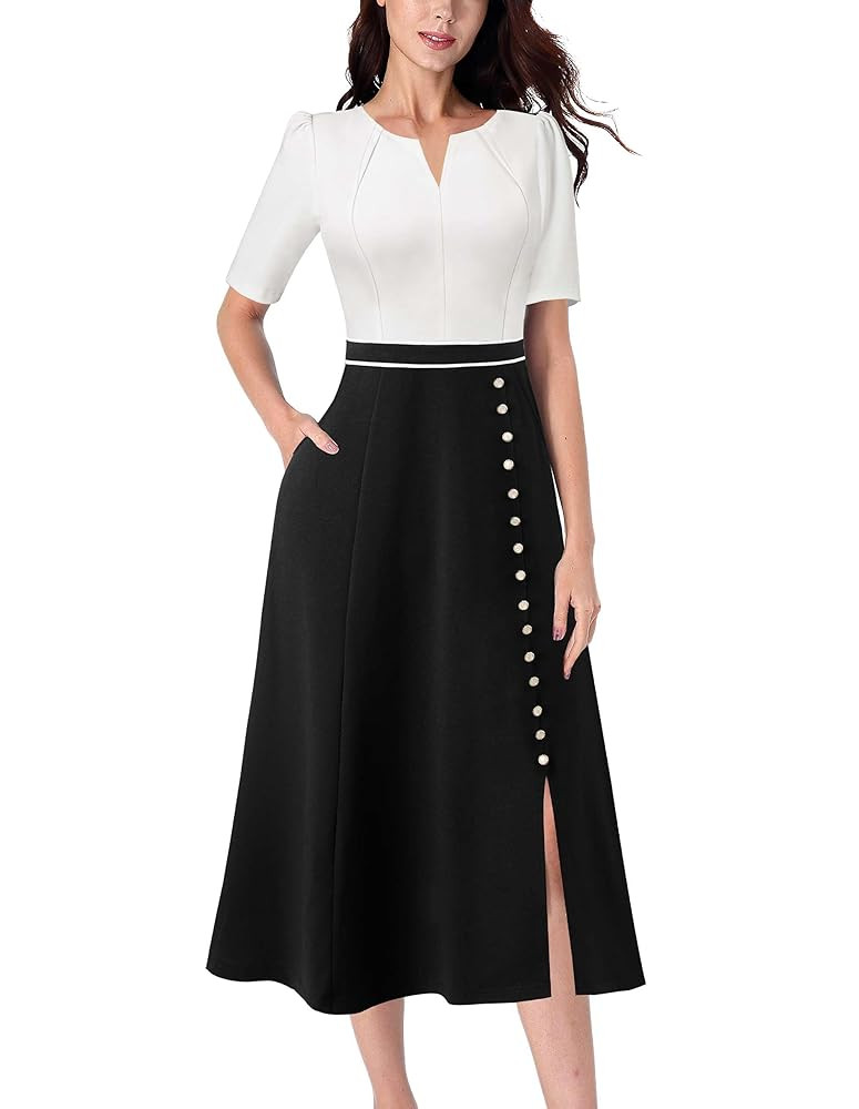VFSHOW Women Pleated Notch V Neck Pockets Buttons Work Office Business A-Line Midi Dress | Amazon (US)