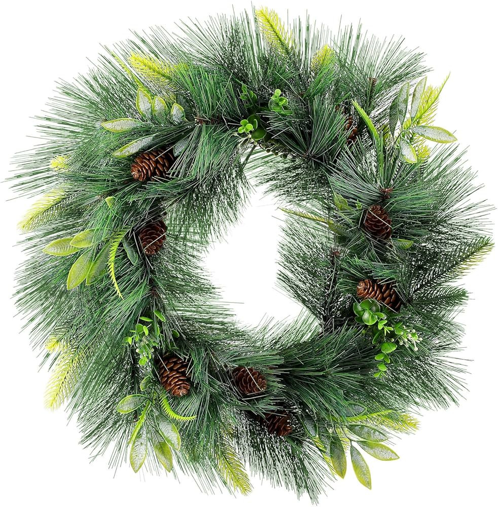 Dingion Christmas Wreath 24 Inch Real Touch Full Sugar Pine and Green Wreath with Pinecones Artif... | Amazon (US)