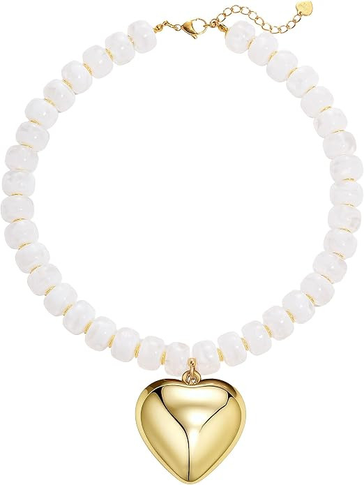 Faux Gemstone Resin Chunky Necklaces for Women, Trendy Beaded Puffy Gold Heart Pendant Statement ... | Amazon (US)