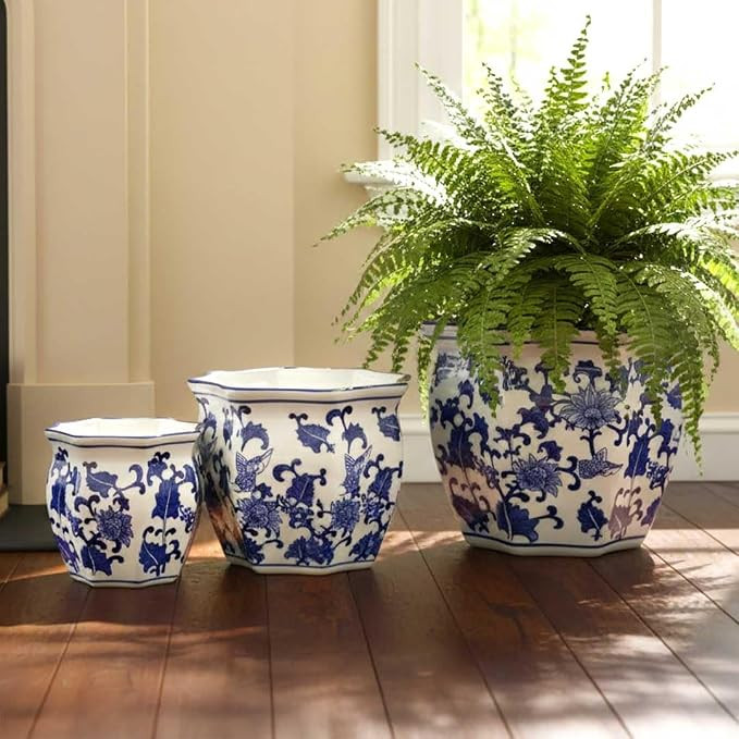 Galt International Blue & White Round Fluted Floral Porcelain Ceramic Plant Flower Planter Pot Se... | Amazon (US)