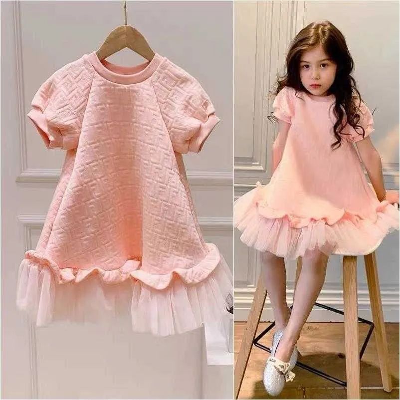 Children's Pink Casual Skirt Luxury Designer Brand Fashion Dress Girls Net Yarn Short-sleeved Pri... | DHGate