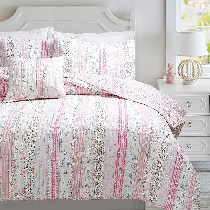 Cozy Line Home Fashions Pink Flower Lace Ruffle Stripe Shabby Chic Girl 100% Cotton Reversible Qu... | Amazon (US)