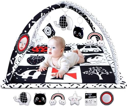 Poycuna Black and White Baby Gym Play Mat with 6 Toys Tummy Time Activity Mat for Babies 0-6 6-12... | Amazon (US)