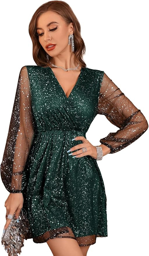 Floerns Women's Lantern Long Sleeve V Neck Mesh Cocktail Party Short Dress Without Belt | Amazon (US)