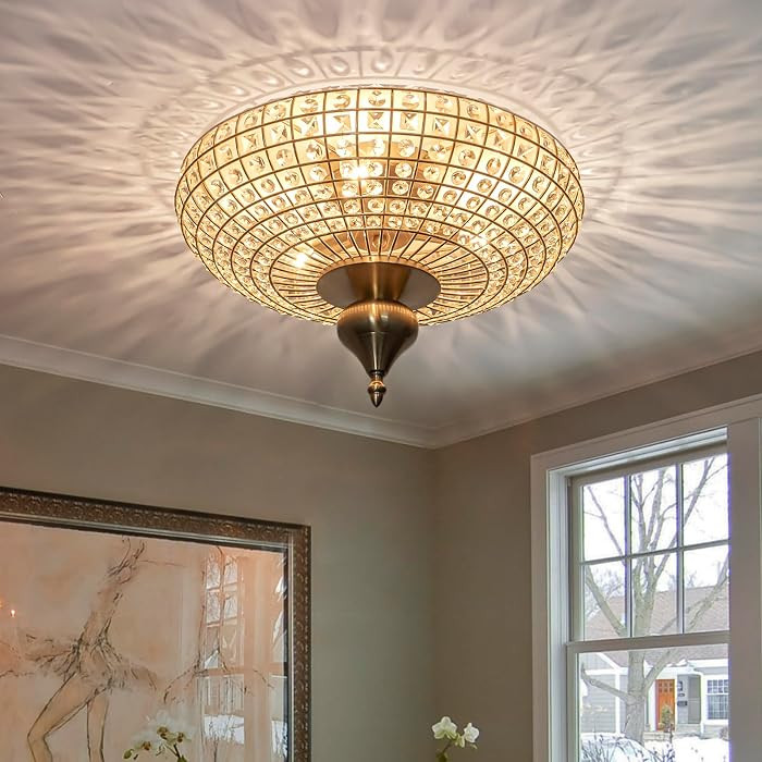 3-Light Vintage Crystal Ceiling Light Semi-Sphere Brass Chandelier with Handcut Beads,16" Antique... | Amazon (US)
