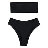 ZAFUL Women's Swimwear Bandeau High Cut Collar Bikini Set Bathing Suits Black | Amazon (US)