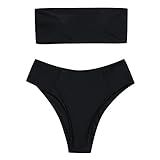 ZAFUL Women's Swimwear Bandeau High Cut Collar Bikini Set Bathing Suits Black | Amazon (US)